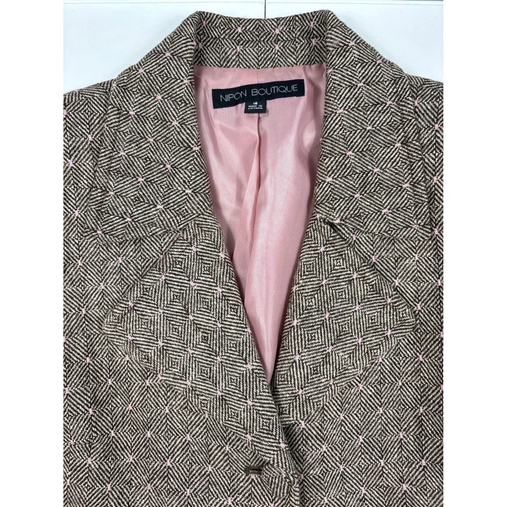 Nipon Boutique Wool Blend Skirt‎ Suit Brown Pink Geometric Pleated 16